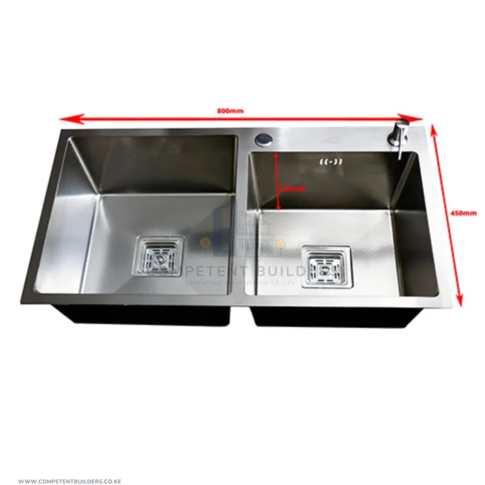 Double Bowl Top Mount Kitchen Sink (800*450) With Soap Dispenser - Satin