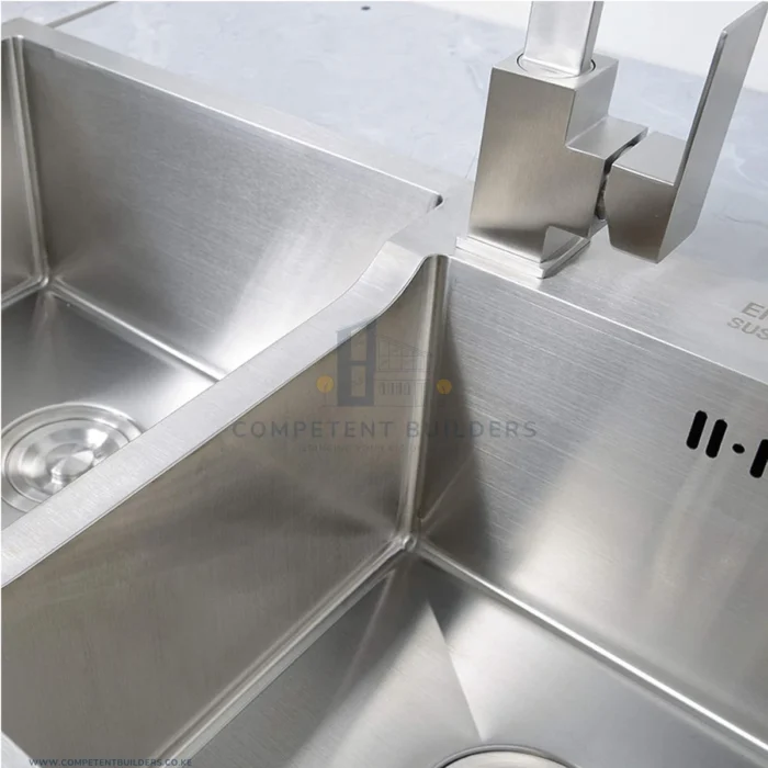 Double Bowl Top Mount Kitchen Sink (800*450) With Soap Dispenser - Satin - Image 3