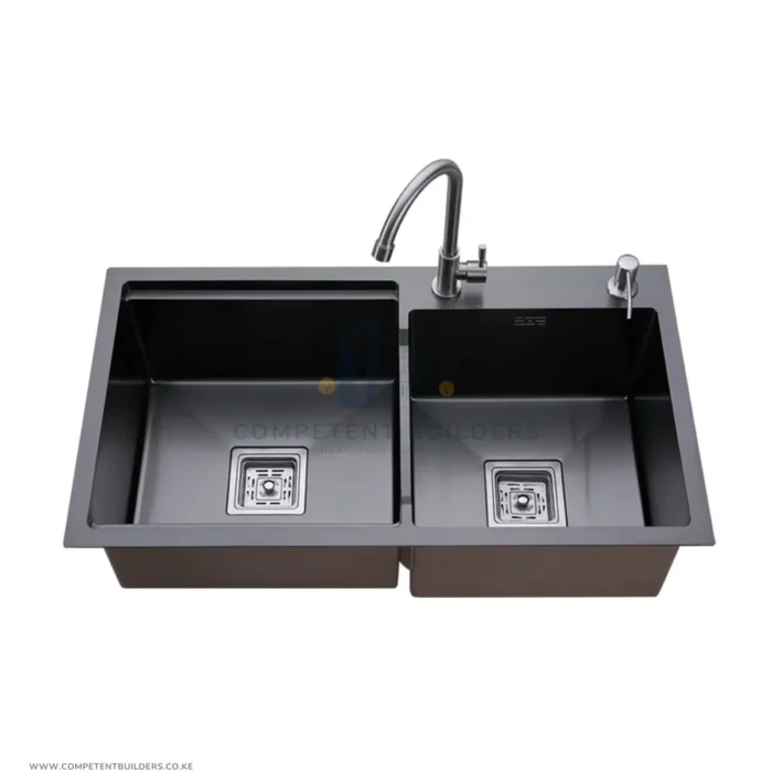 Double Bowl Top Mount Kitchen Sink (800*450) With Soap Dispenser - Gun Grey - Image 3