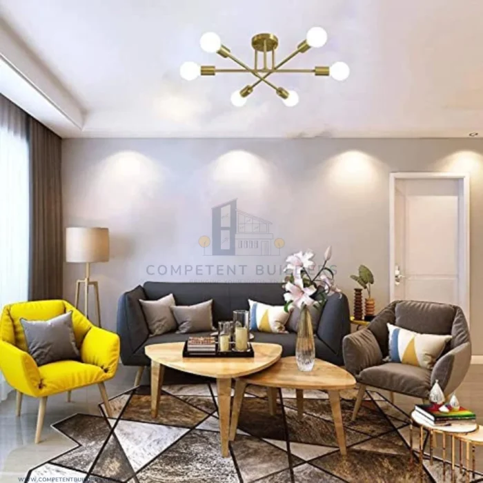 Gold Sputnik Chandelier - 6 Bulb Pendant Brushed Gold Light Fixture - Image 6